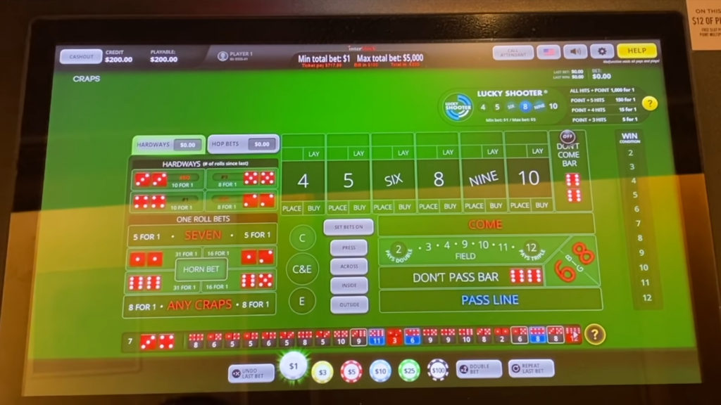 Complete Bubble Craps machine screen layout showing all betting areas and interface elements