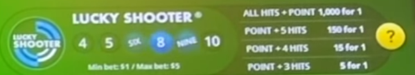 Lucky Shooter special bet interface showing point tracking and payout structure